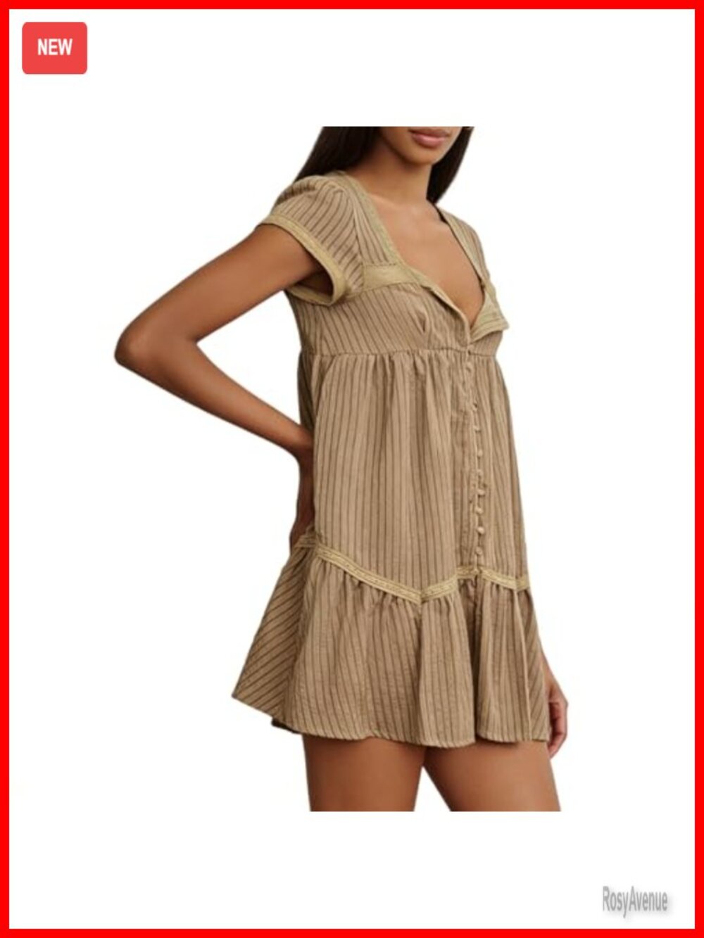 Button Front Lace Trim Square Neck Short Sleeve Babydoll Mini Dress Tiered Flow - Picture 2 of 7